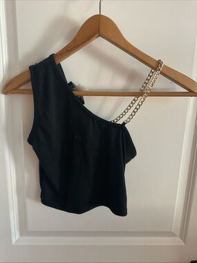OMT Fashions - Asymmetrical Black Crop Top with Gold Chain Strap - Ladies Size S
